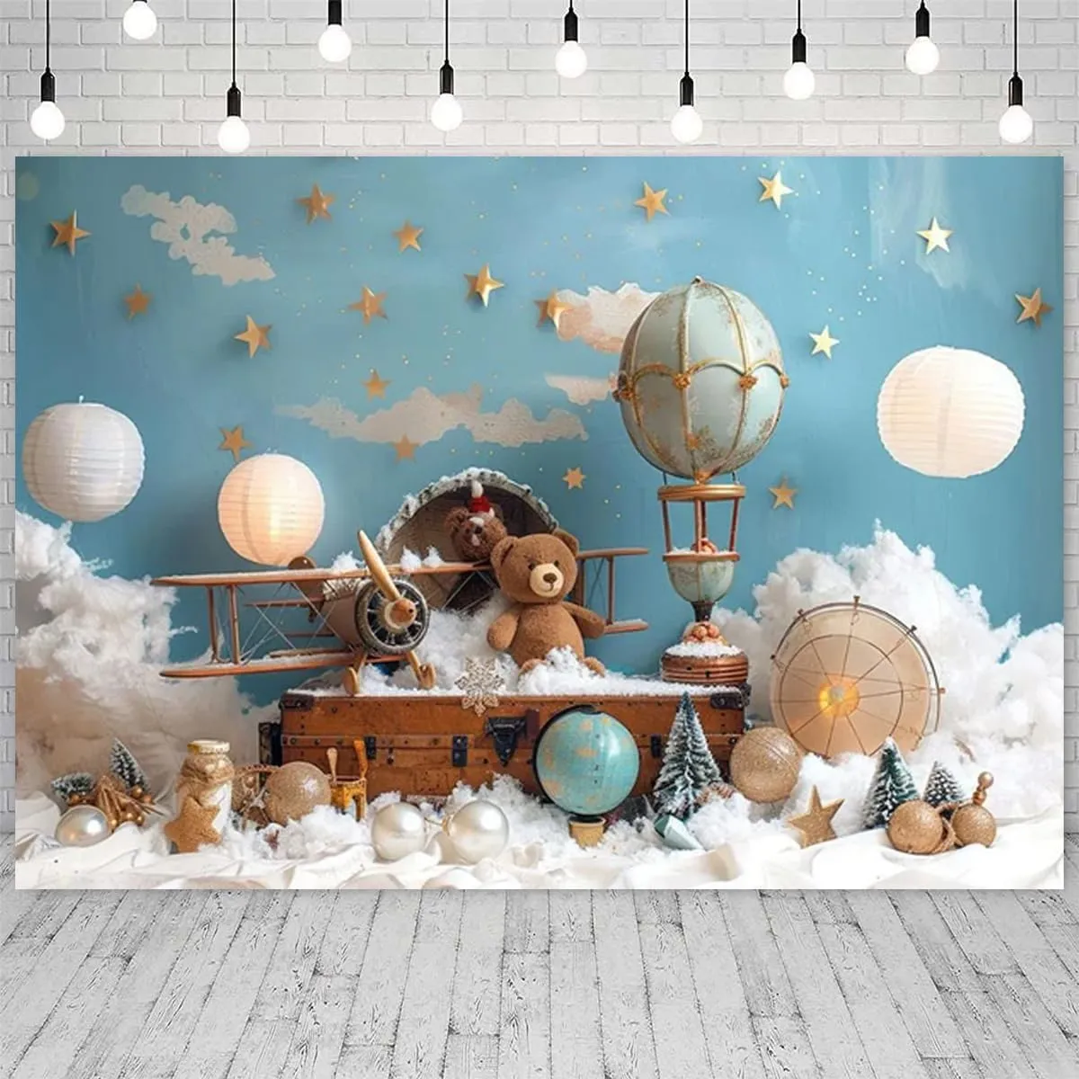 Bear Baby Shower Photography Background Cloud Star Hot Air Balloon Travel Adventure Backdrop Kids Birthday Cake Smash Portrait Decor Backdrop Graduation Travel Party Background (6X4FT)