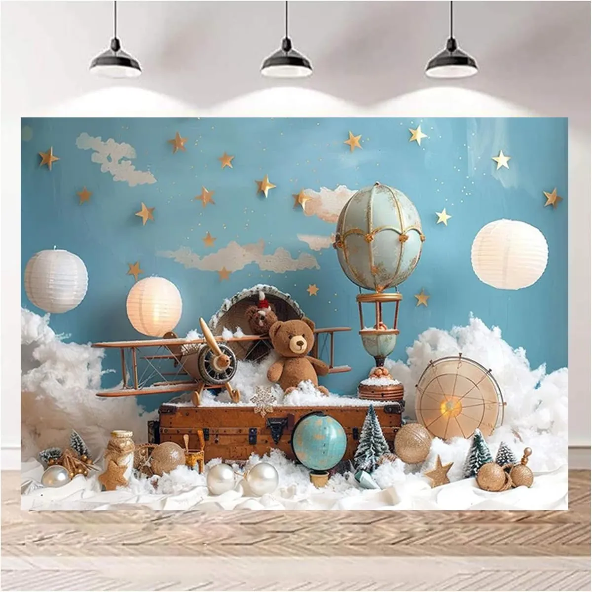 Bear Baby Shower Photography Background Cloud Star Hot Air Balloon Travel Adventure Backdrop Kids Birthday Cake Smash Portrait Decor Backdrop Graduation Travel Party Background (6X4FT)