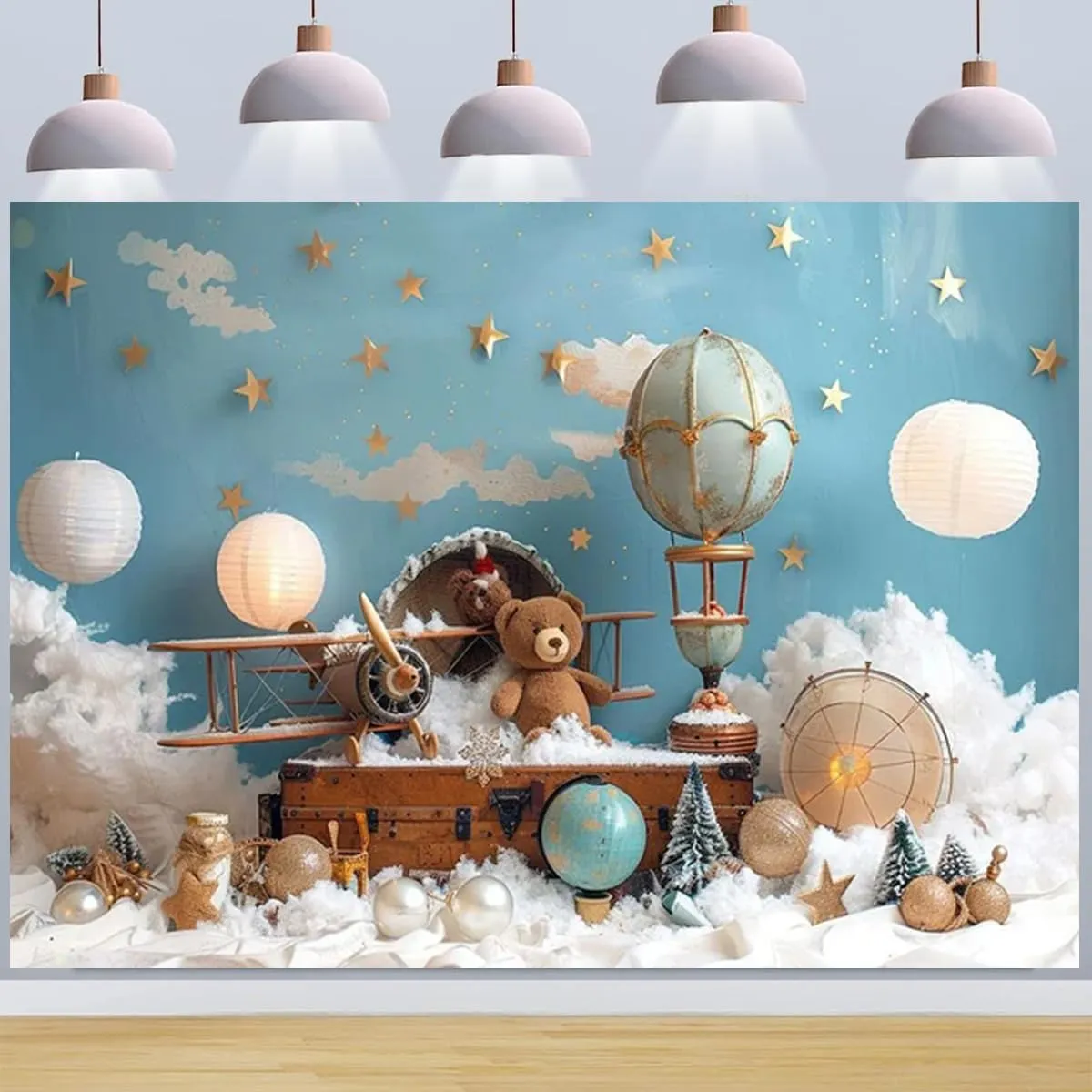 Bear Baby Shower Photography Background Cloud Star Hot Air Balloon Travel Adventure Backdrop Kids Birthday Cake Smash Portrait Decor Backdrop Graduation Travel Party Background (6X4FT)