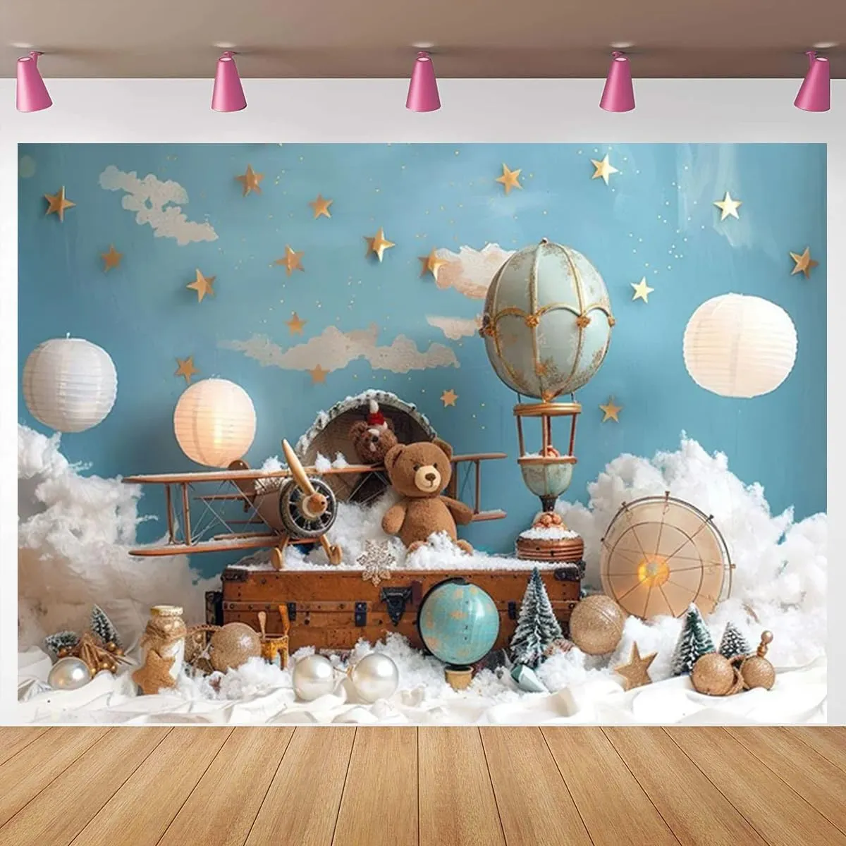 Bear Baby Shower Photography Background Cloud Star Hot Air Balloon Travel Adventure Backdrop Kids Birthday Cake Smash Portrait Decor Backdrop Graduation Travel Party Background (6X4FT)
