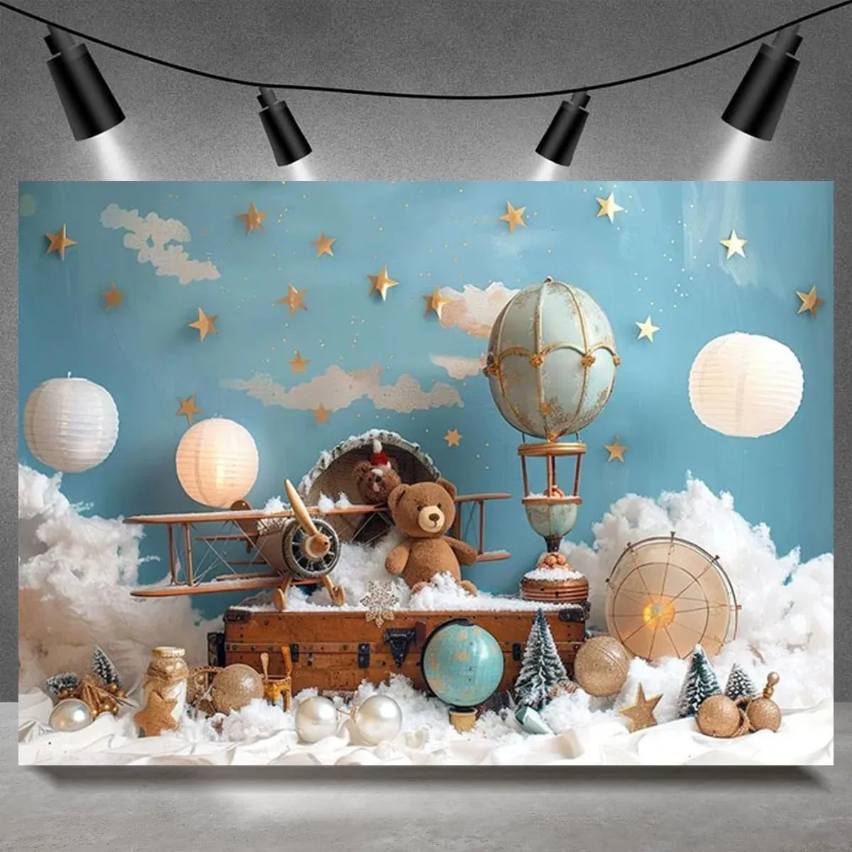 Bear Baby Shower Photography Background Cloud Star Hot Air Balloon Travel Adventure Backdrop Kids Birthday Cake Smash Portrait Decor Backdrop Graduation Travel Party Background (6X4FT)