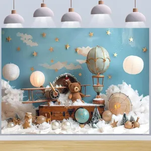 Bear Baby Shower Photography Background Cloud Star Hot Air Balloon Travel Adventure Backdrop Kids Birthday Cake Smash Portrait Decor Backdrop Graduation Travel Party Background (6X4FT)