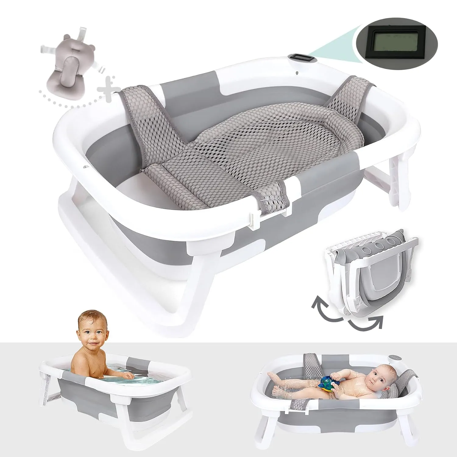 BEBELEH™ Collapsible Baby Bathtub with Thermometer – Bathtub   Baby tub Sling   Newborn Sling – Baby Bathtub Newborn to Toddler 0-24 Months – The Ultimate Baby Bath Tub! (with Thermometer,Gray)