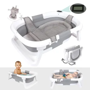 BEBELEH™ Collapsible Baby Bathtub with Thermometer – Bathtub   Baby tub Sling   Newborn Sling – Baby Bathtub Newborn to Toddler 0-24 Months – The Ultimate Baby Bath Tub! (with Thermometer,Gray)