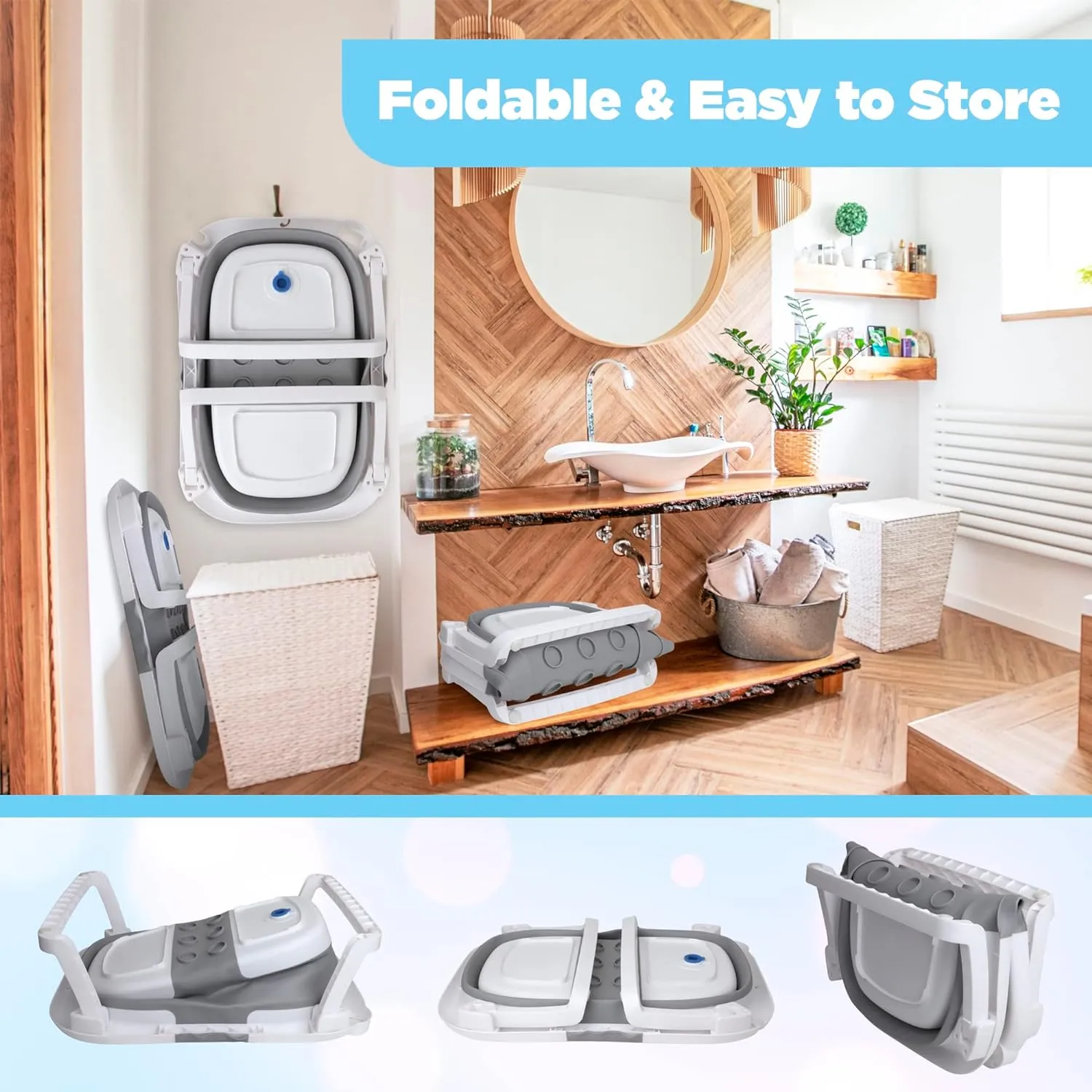 BEBELEH™ Collapsible Baby Bathtub with Thermometer – Bathtub   Baby tub Sling   Newborn Sling – Baby Bathtub Newborn to Toddler 0-24 Months – The Ultimate Baby Bath Tub! (with Thermometer,Gray)