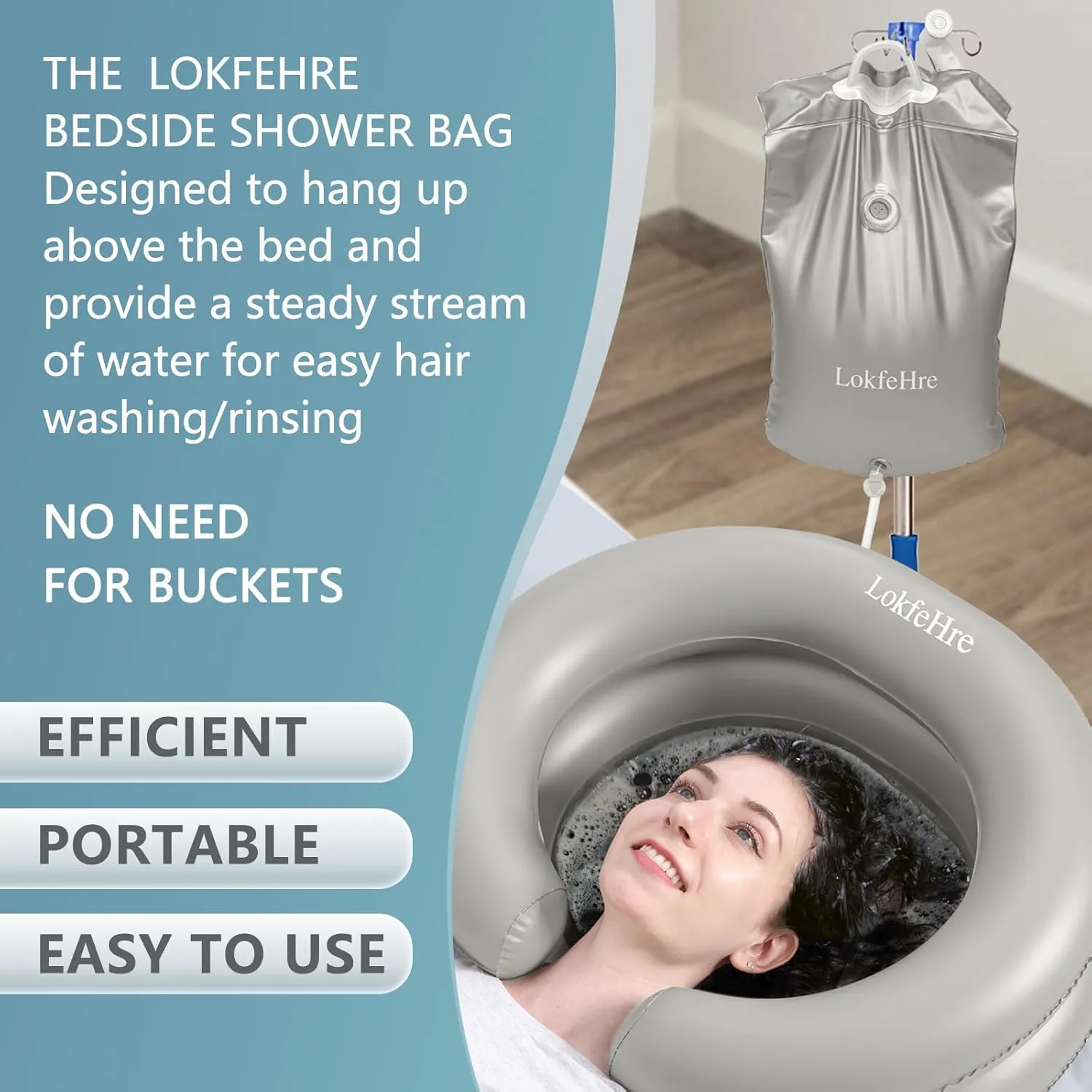 Bedside Shower Water Bag - 2.5 GL Portable Water Shower Bag For Hair Washing In Bed. Use with Inflatable Shampoo Basin, Inflatable Hair Washing Basin, Inflatable Bathtub For Elderly (Grey)