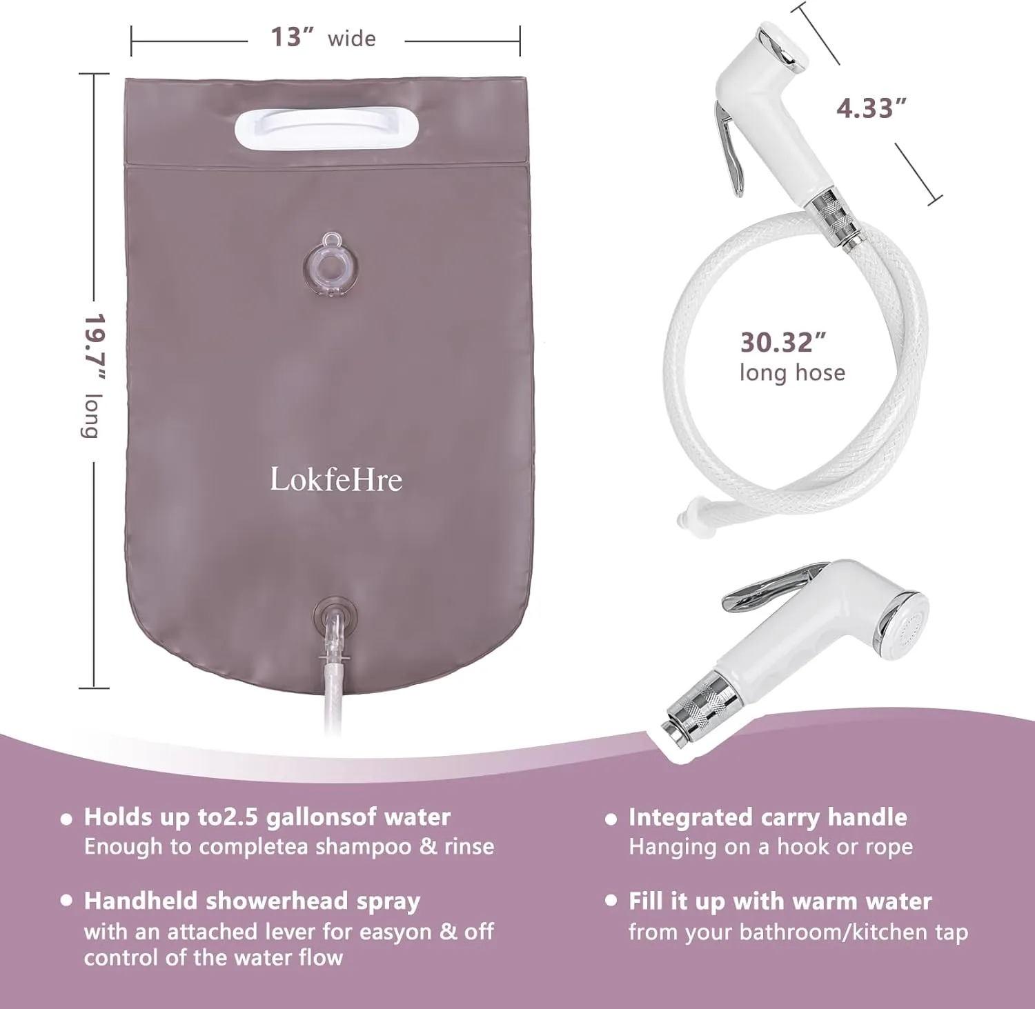 Bedside Shower Water Bag - 2.5 GL Portable Water Shower Bag For Hair Washing In Bed. Use with Inflatable Shampoo Basin, Inflatable Hair Washing Basin, Inflatable Bathtub For Elderly(Brown)