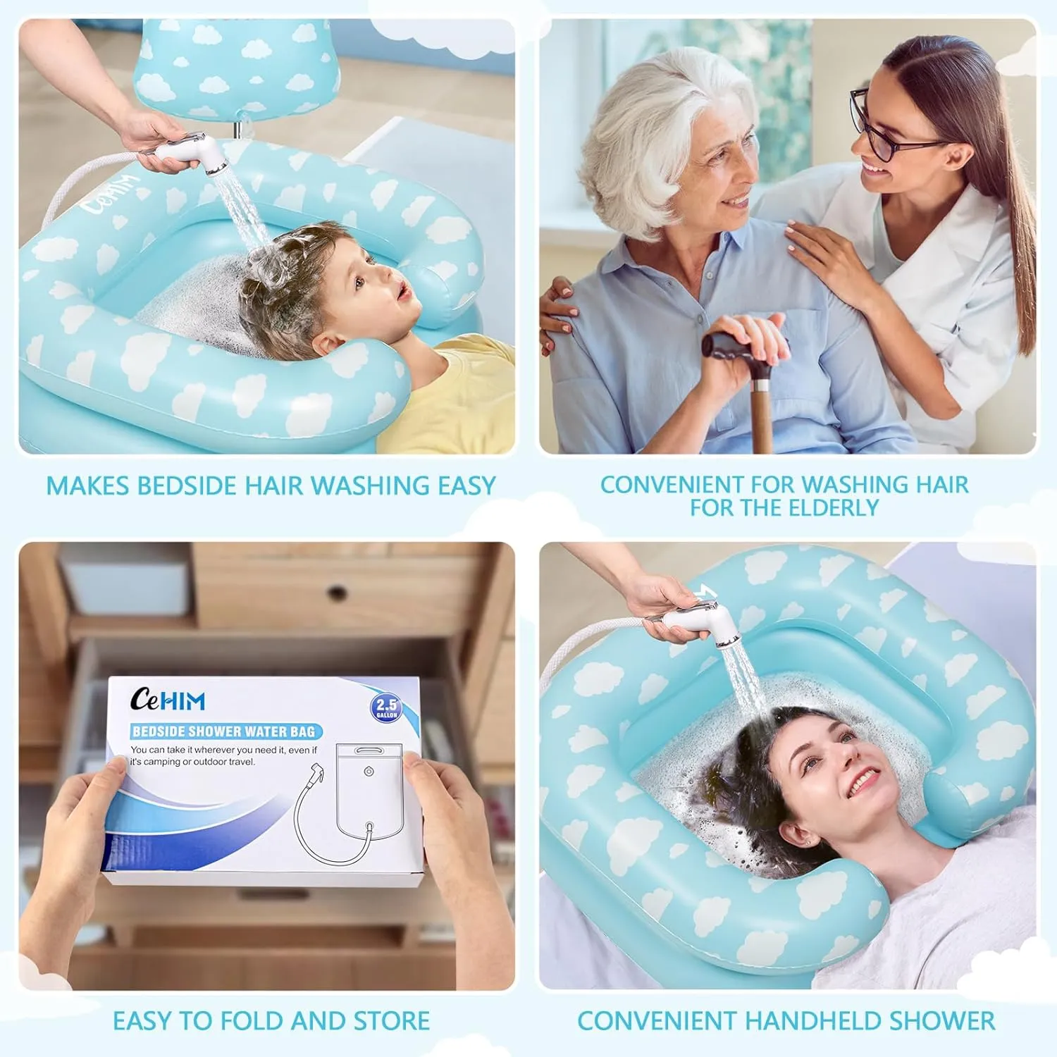 Bedside Shower Water Bag - 2.9 GL Portable Water Shower Bag for Hair Washing in Bed. Use with Inflatable Shampoo Basin, Inflatable Hair Washing Basin, Inflatable Bathtub for Elderly (Blue)