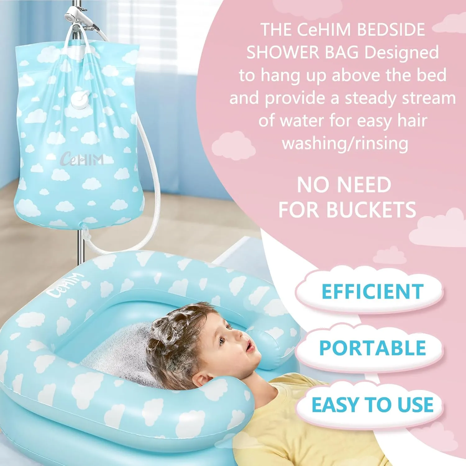 Bedside Shower Water Bag - 2.9 GL Portable Water Shower Bag for Hair Washing in Bed. Use with Inflatable Shampoo Basin, Inflatable Hair Washing Basin, Inflatable Bathtub for Elderly (Blue)