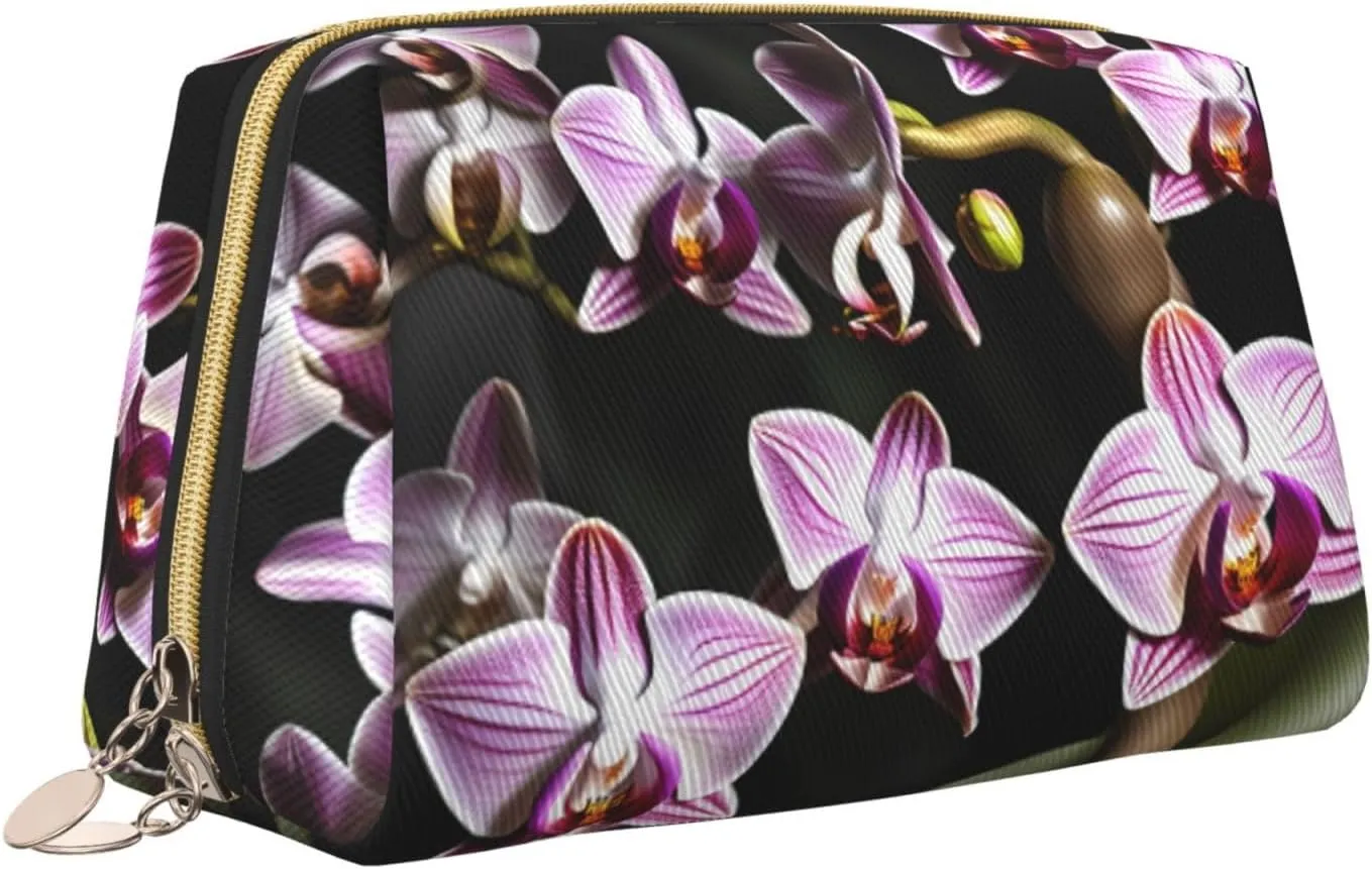 Bell Orchid Pattern Leather Toiletry Travel Bag, Compact Makeup Organizer For Women