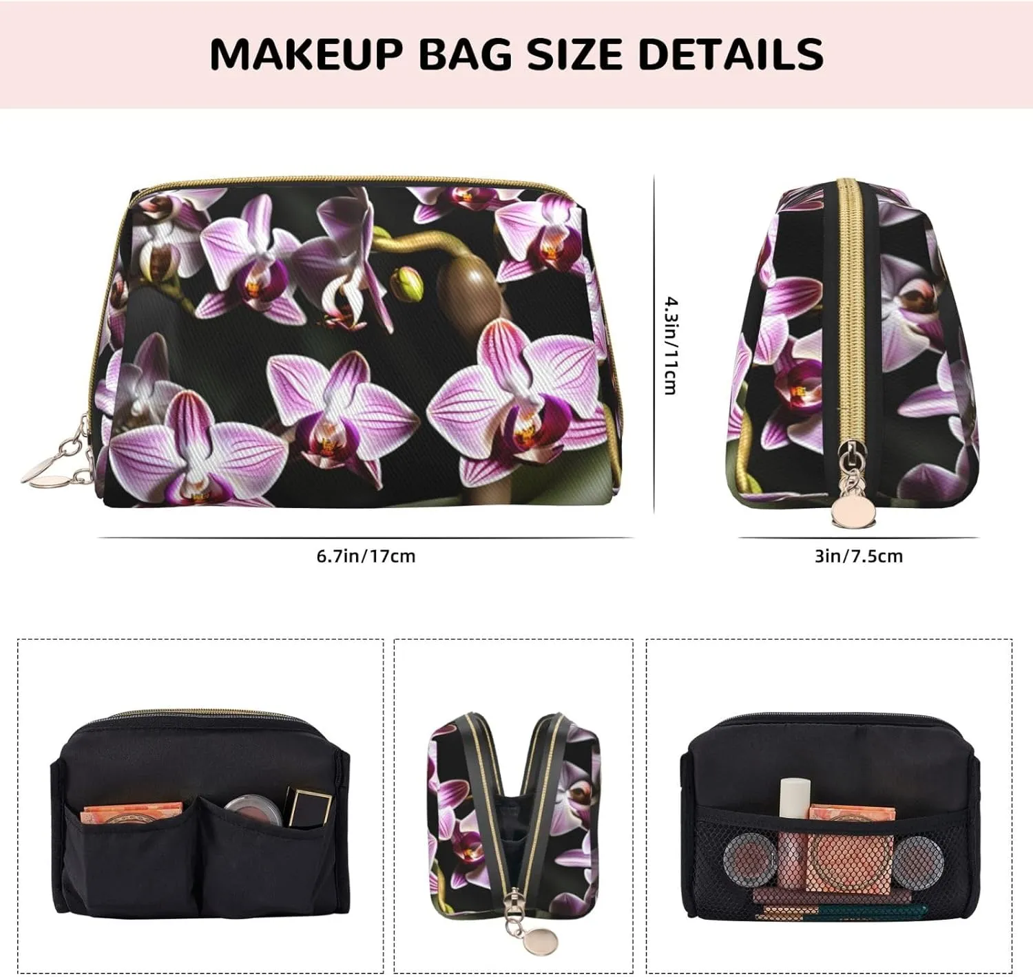 Bell Orchid Pattern Leather Toiletry Travel Bag, Compact Makeup Organizer For Women