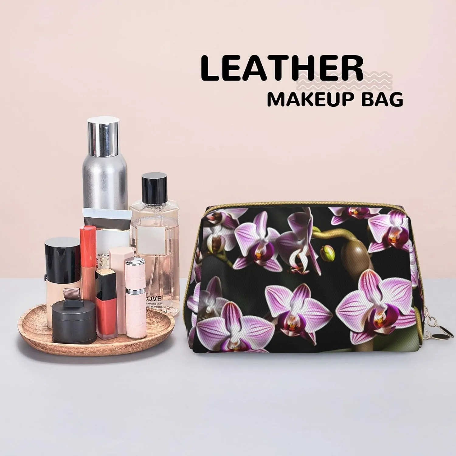 Bell Orchid Pattern Leather Toiletry Travel Bag, Compact Makeup Organizer For Women