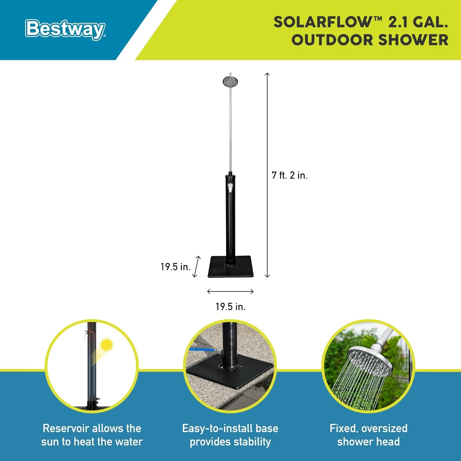 Bestway Flowclear SolarFlow 2 Gal Solar-Heated Outdoor Shower | Portable, Outside Shower Station Fixture | Great for Camping, Pool Area, Beach House