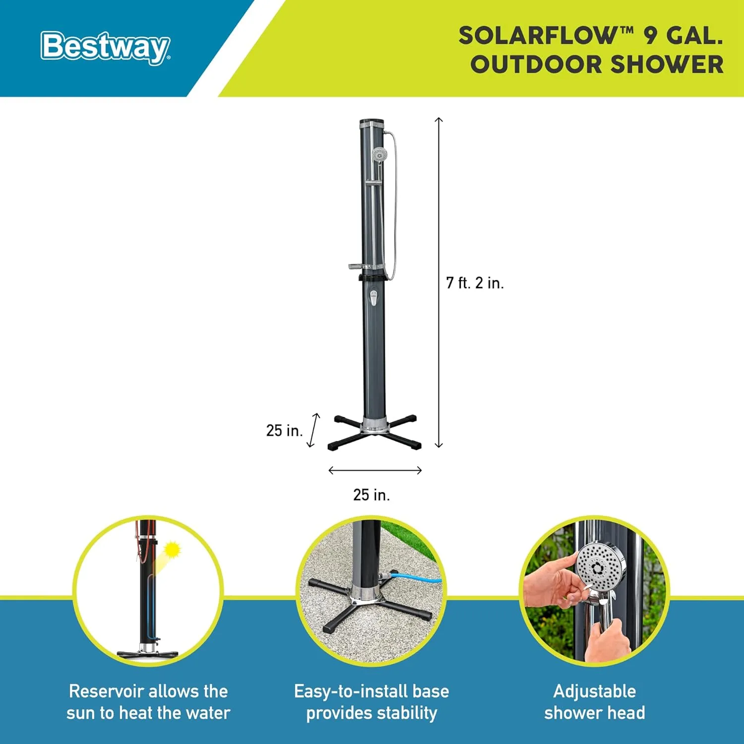 Bestway Flowclear SolarFlow 9 Gal Solar-Heated Outdoor Shower | Portable, Outside Shower Station Fixture | Great for Camping, Pool Area, Beach House