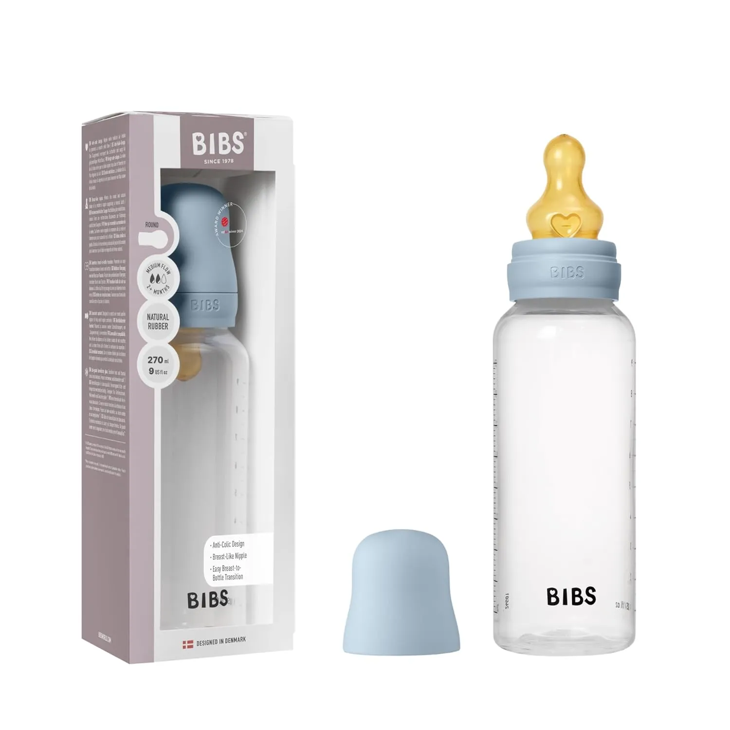 BIBS Baby Bottle 9 oz / 270 ml Natural Rubber Latex Nipple - Anti-Colic, BPA-Free, Round Nipple, Medium Flow, Lightweight & Easy to Clean, Suitable for Newborns 0  Years - Baby Blue