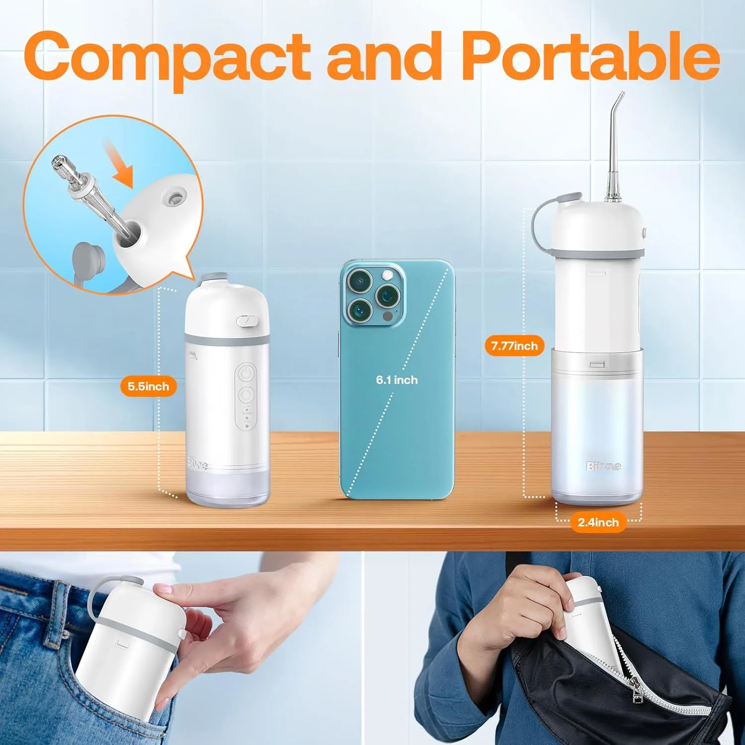 Bitvae P1 Water Flosser for Teeth, Portable Mini Water Flosser Picks, Cordless Water Teeth Cleaner Picks with Telescopic Water Tank, Rechargeable Oral Irrigator for Travel & Home, Frost White