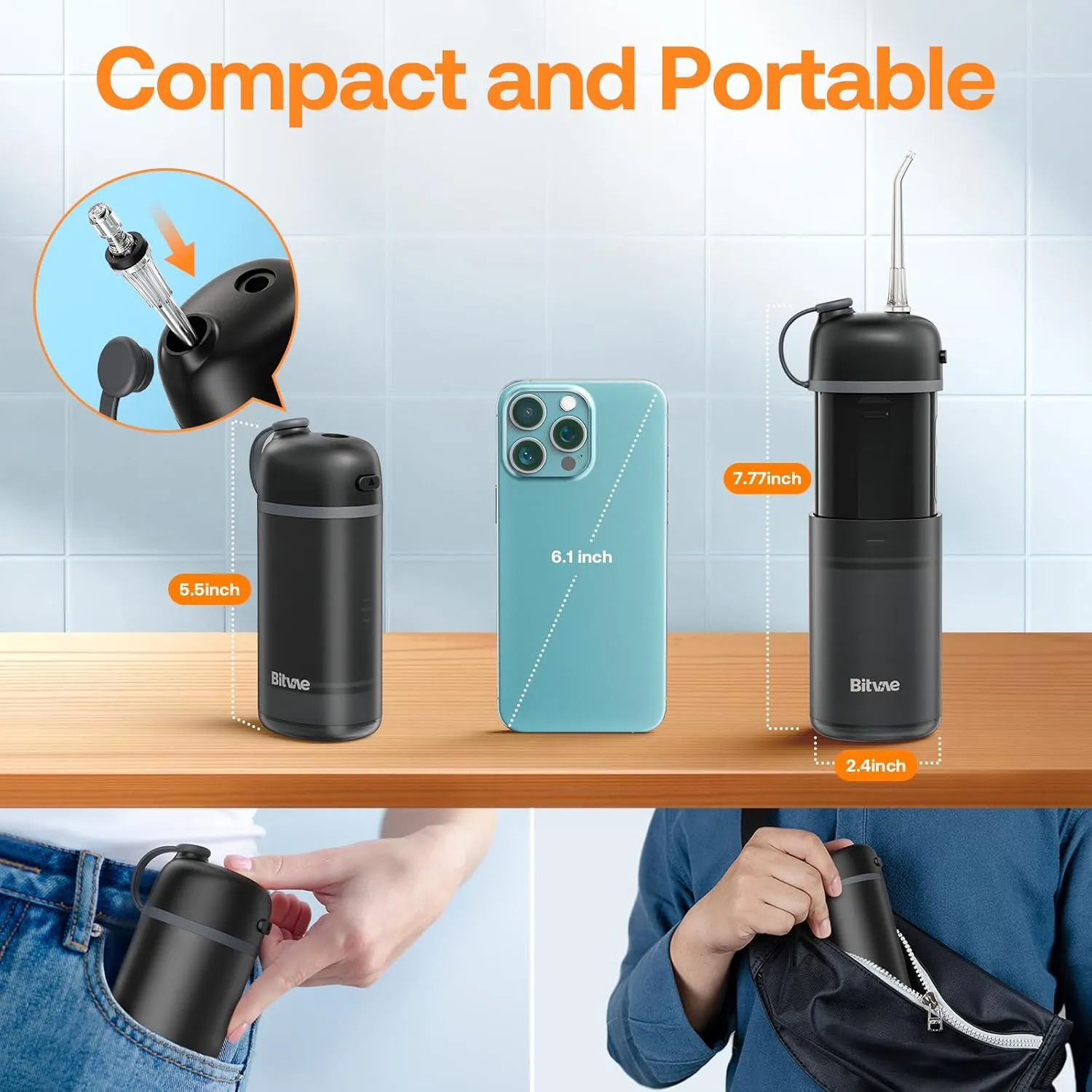 Bitvae P1 Water Flosser, Travel Water Flosser Picks, Cordless Mini Water Dental Flosser with Telescopic Water Tank, IPX7 Waterproof Water Flosser for Teeth Picks, Brace & Sensitive Teeth Care, Black