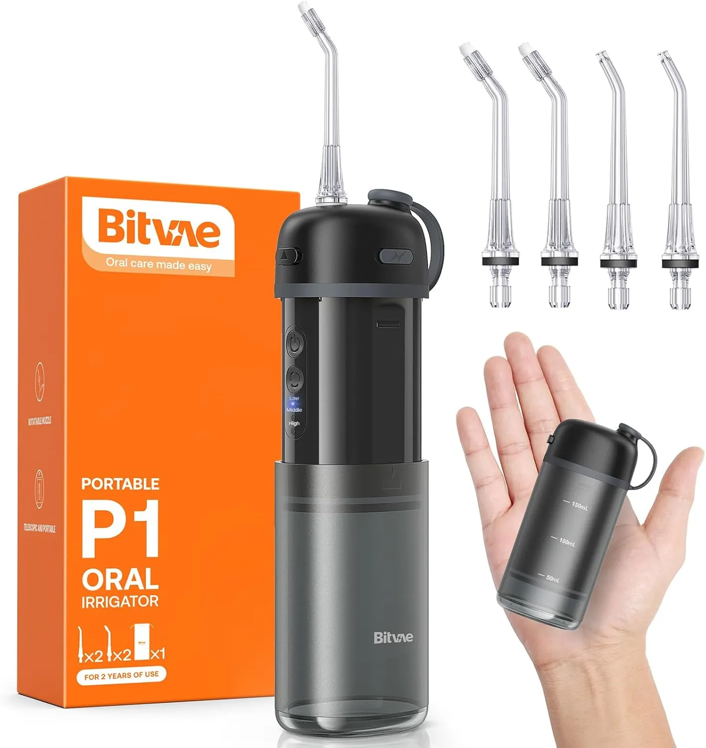Bitvae P1 Water Flosser, Travel Water Flosser Picks, Cordless Mini Water Dental Flosser with Telescopic Water Tank, IPX7 Waterproof Water Flosser for Teeth Picks, Brace & Sensitive Teeth Care, Black