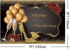Black Gold Glitter Happy Birthday Backdrop,Yeele 7x5ft Golden Balloons Sequin High Heels Champagne Red Rose Birthday Photography Background for Women Girl Party Supplies Decoration Banner Photo Booth