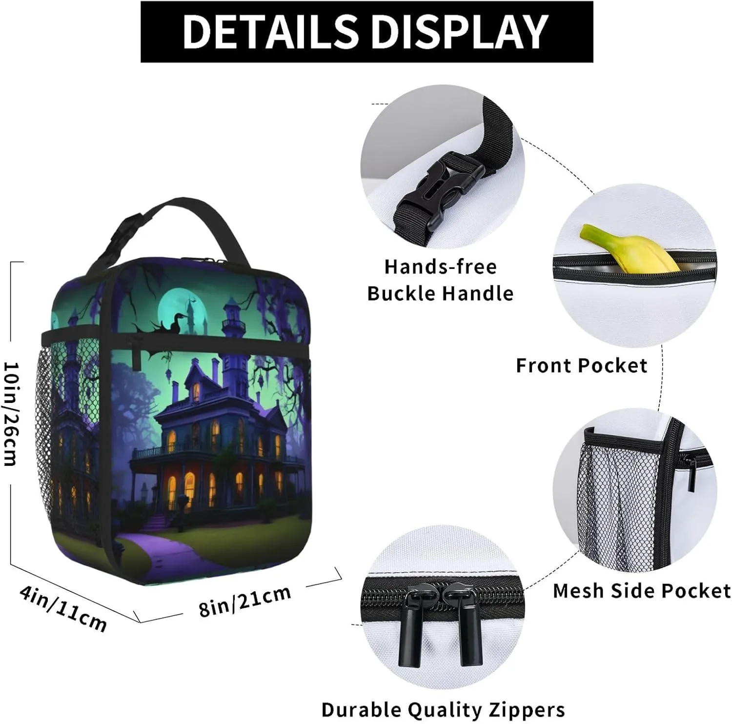 Black Haunted Mansion Lunch Bag For Men Women Insulated Lunchbox Ideal For Work Gym Picnic Days