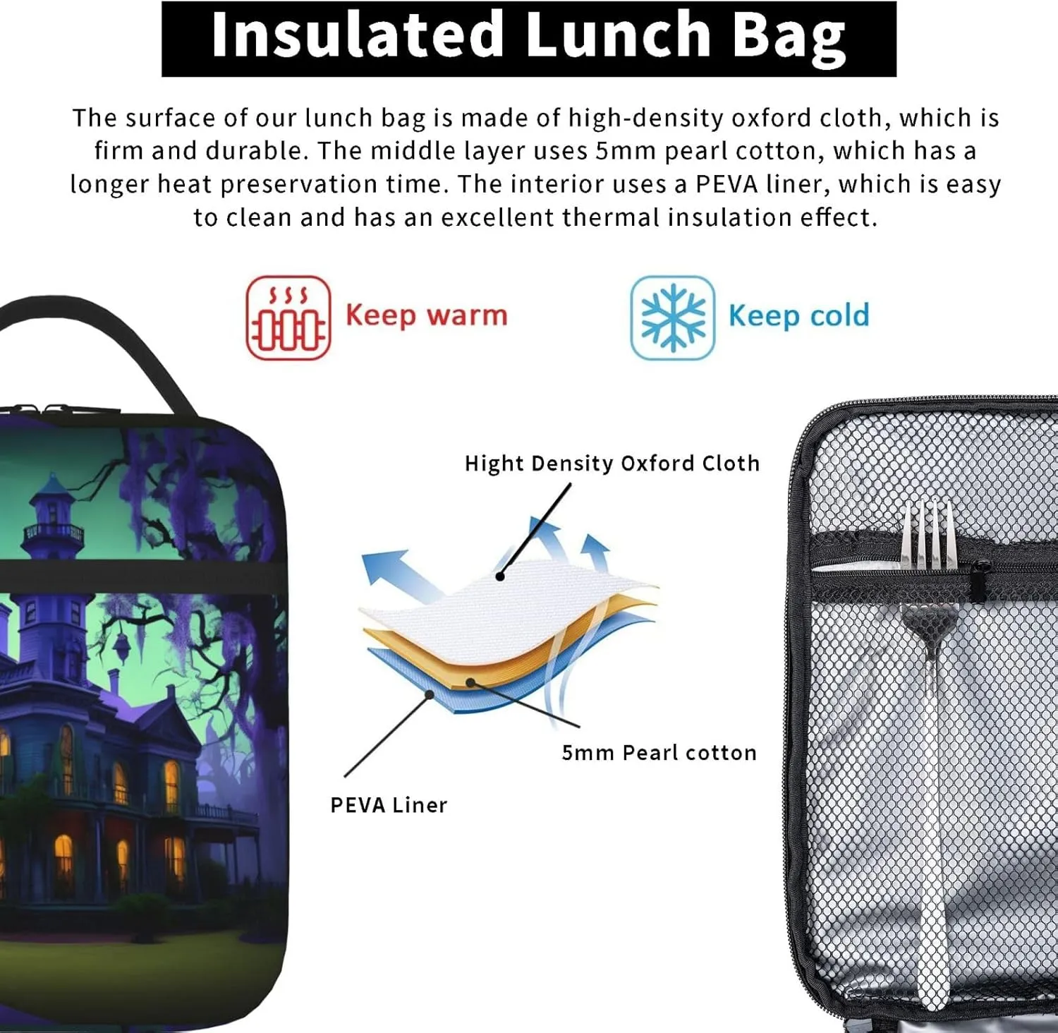 Black Haunted Mansion Lunch Bag For Men Women Insulated Lunchbox Ideal For Work Gym Picnic Days