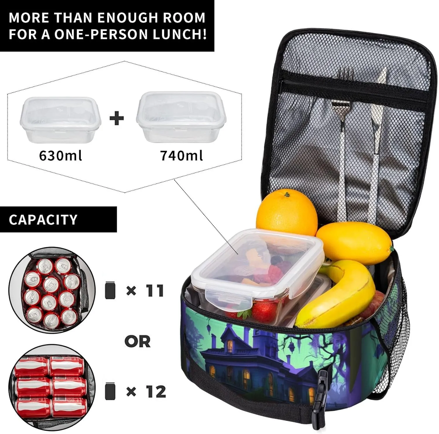 Black Haunted Mansion Lunch Bag For Men Women Insulated Lunchbox Ideal For Work Gym Picnic Days