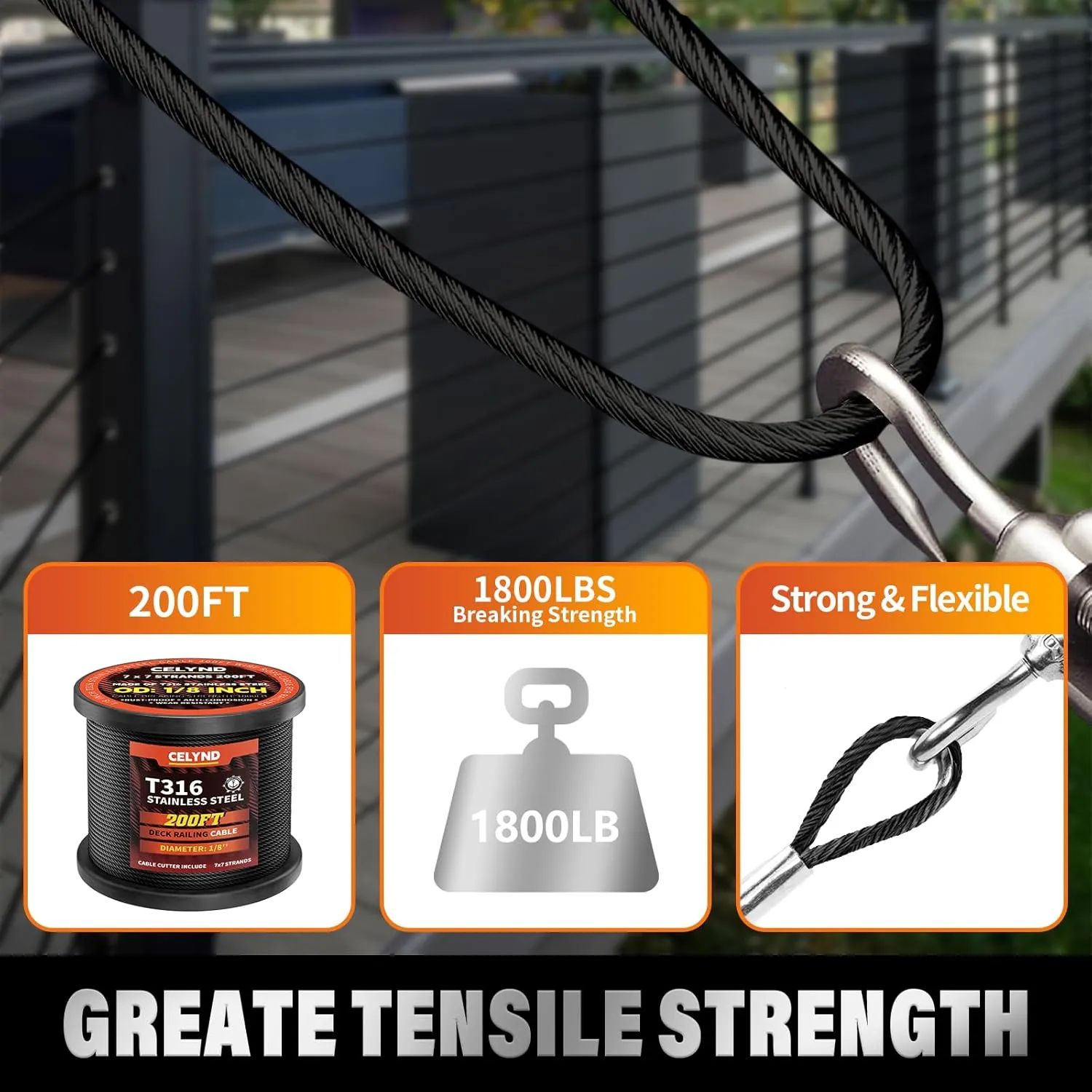 Black Stainless Steel Cable for Railing - 200FT 1/8" T316 Wire Rope for Deck Cable Railing System Kit