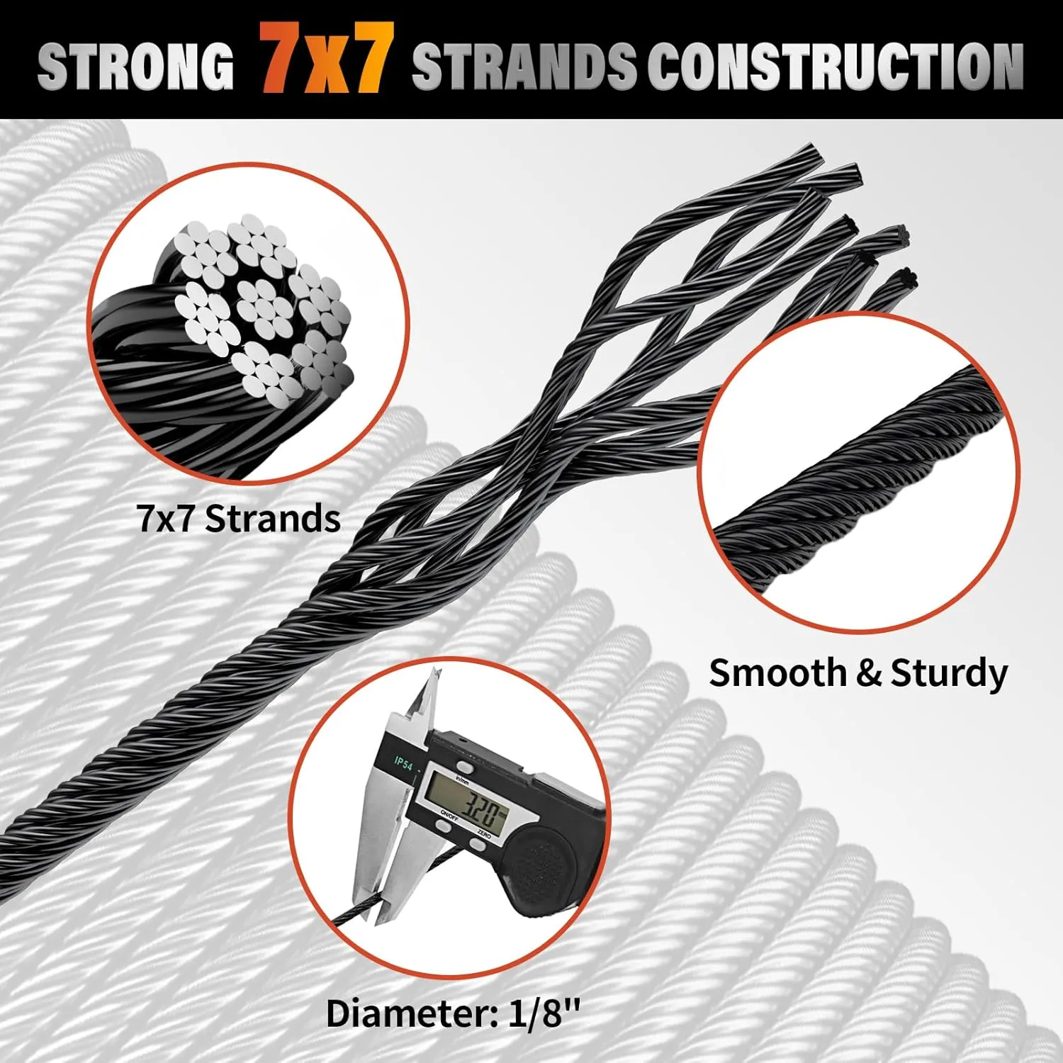Black Stainless Steel Cable for Railing - 200FT 1/8" T316 Wire Rope for Deck Cable Railing System Kit