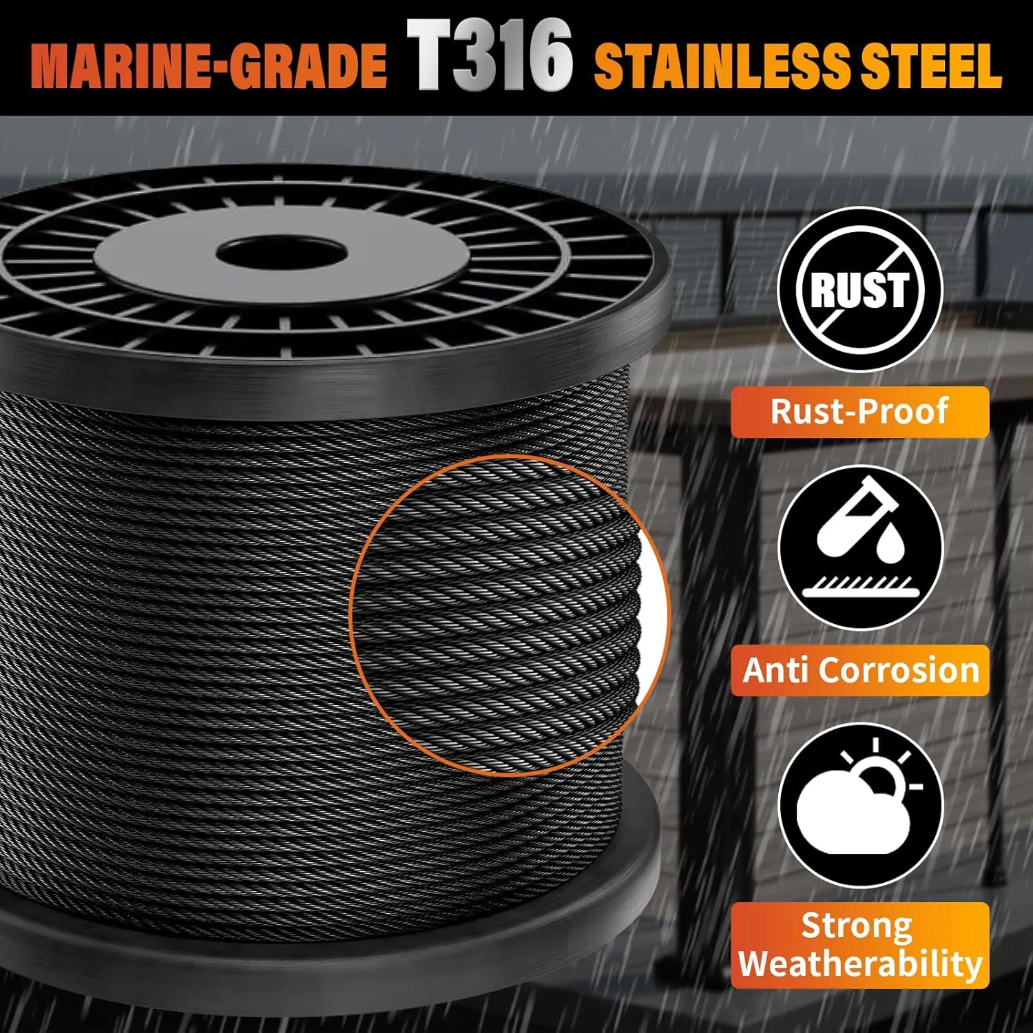 Black Stainless Steel Cable for Railing - 200FT 1/8" T316 Wire Rope for Deck Cable Railing System Kit