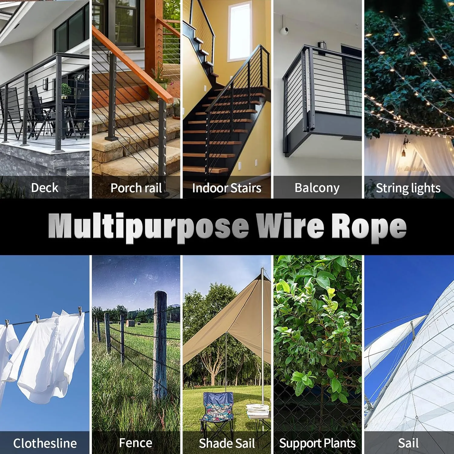 Black Stainless Steel Cable for Railing - 200FT 1/8" T316 Wire Rope for Deck Cable Railing System Kit