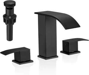 Black Waterfall Bathroom Faucets 3 Hole, 8 Inch Widespread Bathroom Sink Faucet with Pop-up Drain, Modern 2-Handles Faucet for Bathroom Sink Bathtubs Vanity RV Farmhouse Sink