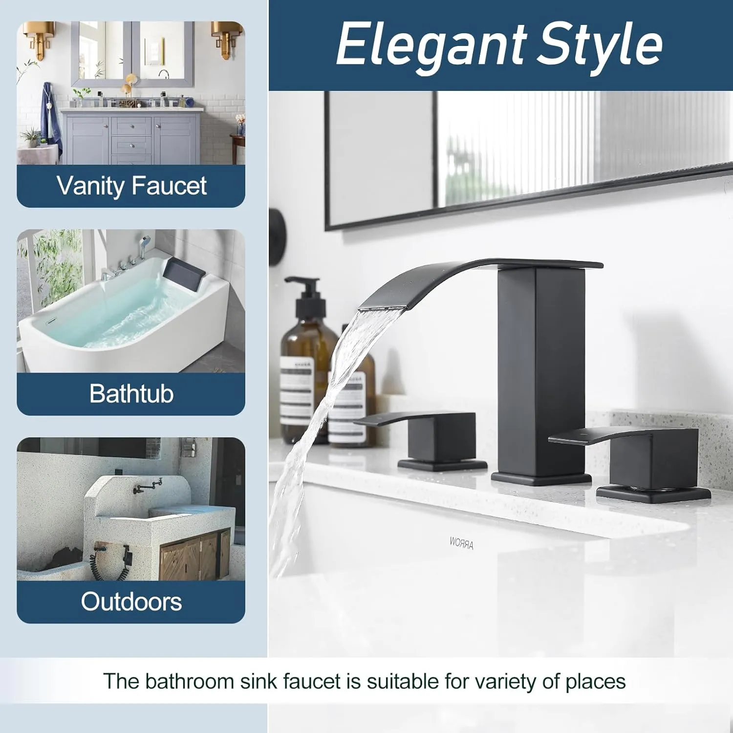 Black Waterfall Bathroom Faucets 3 Hole, 8 Inch Widespread Bathroom Sink Faucet with Pop-up Drain, Modern 2-Handles Faucet for Bathroom Sink Bathtubs Vanity RV Farmhouse Sink