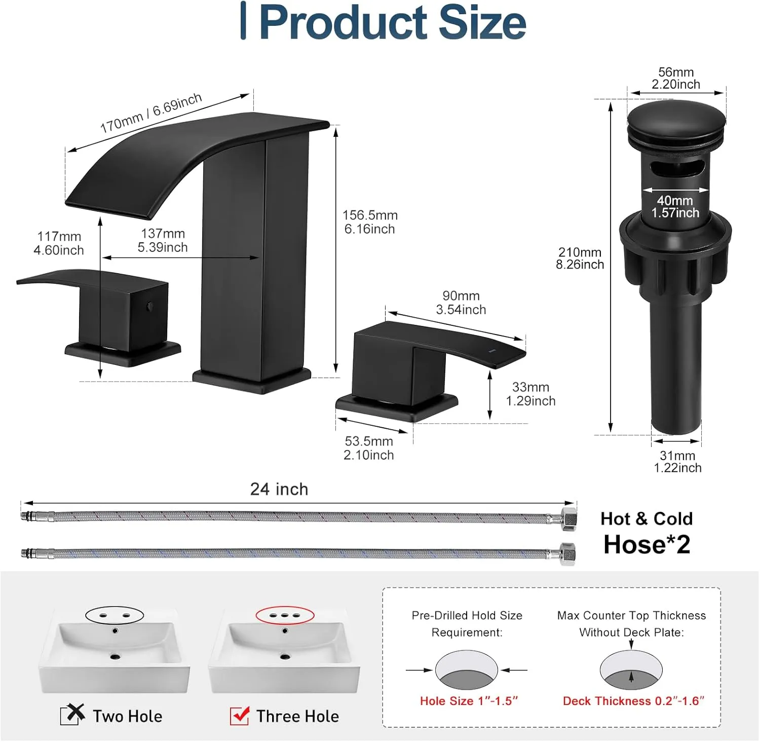 Black Waterfall Bathroom Faucets 3 Hole, 8 Inch Widespread Bathroom Sink Faucet with Pop-up Drain, Modern 2-Handles Faucet for Bathroom Sink Bathtubs Vanity RV Farmhouse Sink