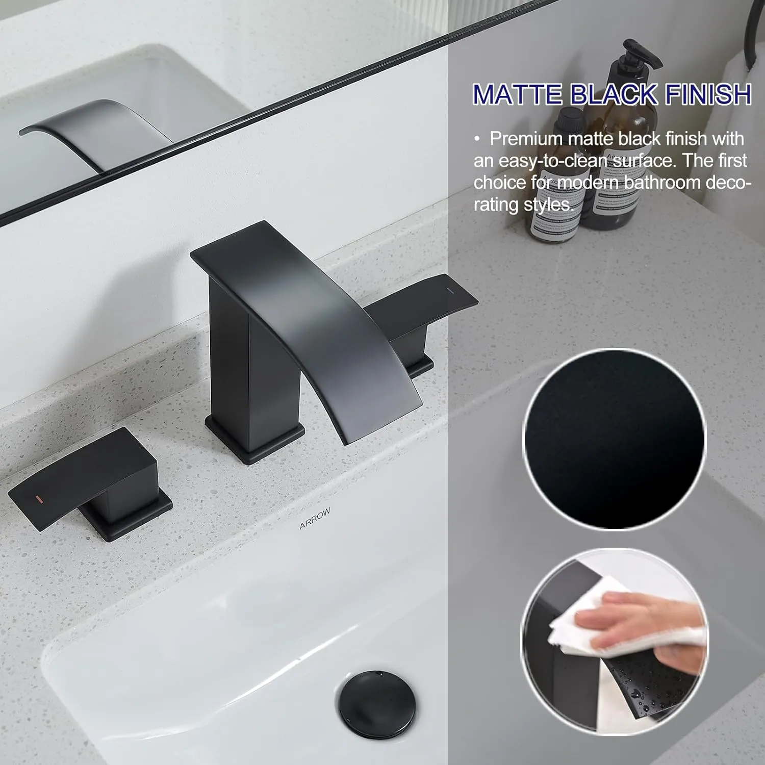 Black Waterfall Bathroom Faucets 3 Hole, 8 Inch Widespread Bathroom Sink Faucet with Pop-up Drain, Modern 2-Handles Faucet for Bathroom Sink Bathtubs Vanity RV Farmhouse Sink