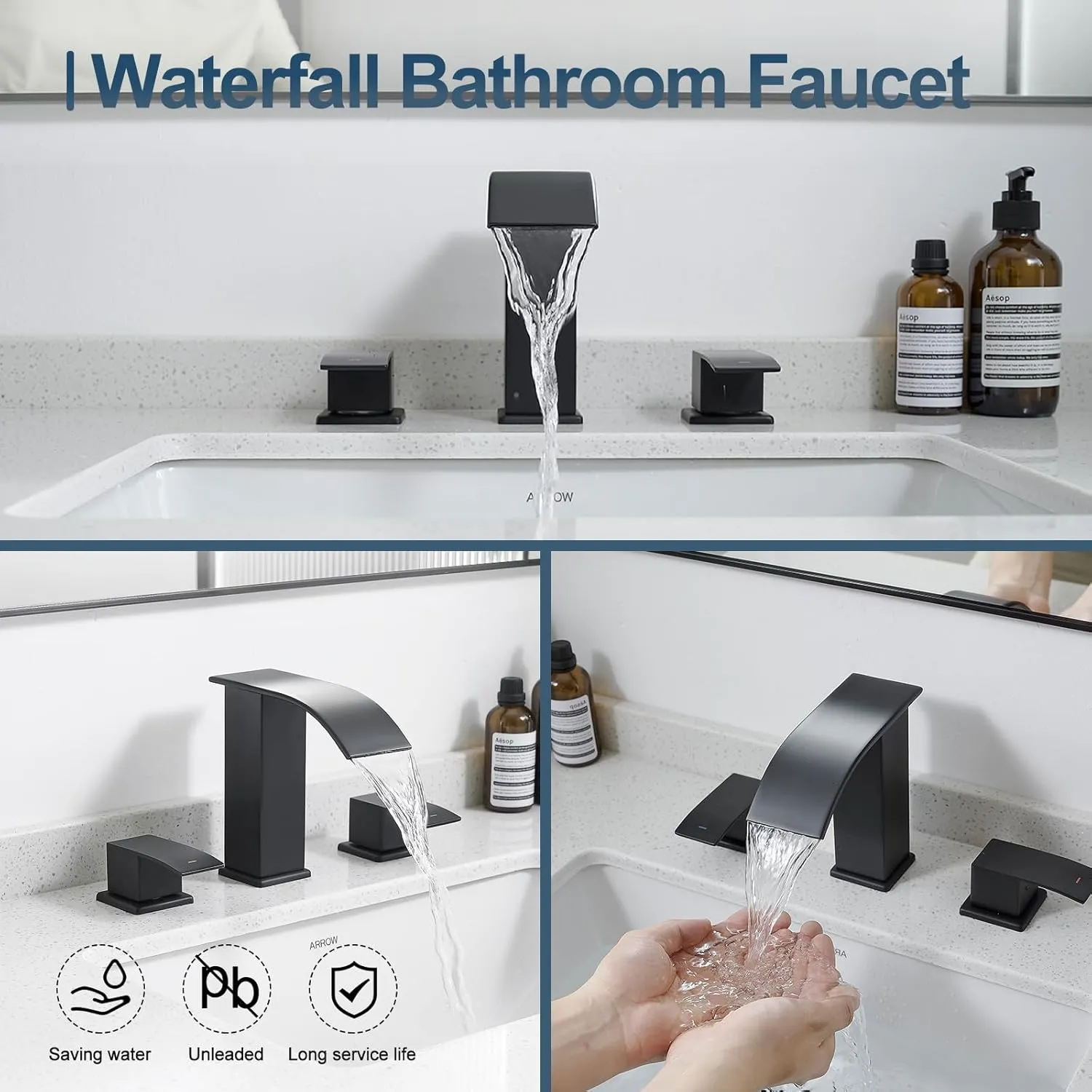 Black Waterfall Bathroom Faucets 3 Hole, 8 Inch Widespread Bathroom Sink Faucet with Pop-up Drain, Modern 2-Handles Faucet for Bathroom Sink Bathtubs Vanity RV Farmhouse Sink