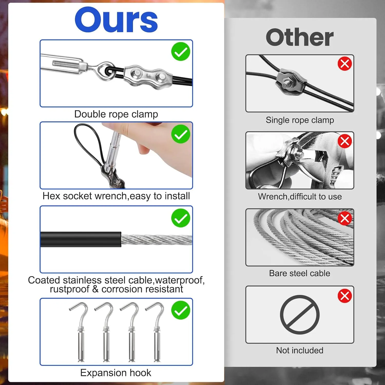 BLIKA String Light Hanging Kits, 250FT Coated Stainless Steel 304 Wire Rope, Outdoor Light Guide Wire, Globe String Light Suspension Kit Included Turnbuckles, Enough Accessories, Use Manual