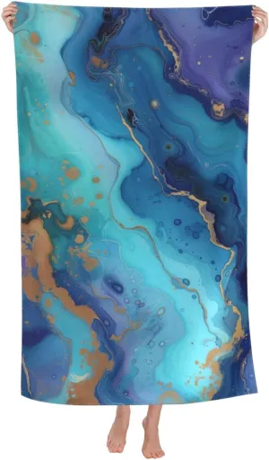 Blue Marble Print Beach Towel Microfiber Sand Free Towels for Adult Kid Quick Dry Ultra Absorbent Super Soft Pool Travel Swim Bath Shower Towel 52”x 32”
