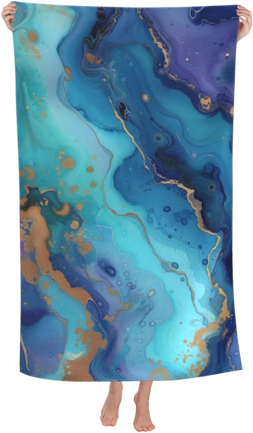 Blue Marble Print Beach Towel Microfiber Sand Free Towels for Adult Kid Quick Dry Ultra Absorbent Super Soft Pool Travel Swim Bath Shower Towel 52”x 32”