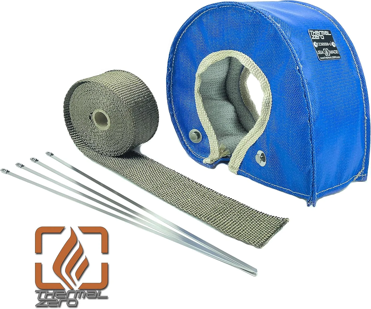 Blue T3 Turbo Blanket Heat Shield Insulation Kit - with Lava/Titanium High Temperature Exhaust Wrap & Stainless Steel Zip Ties - TZ32047-ULKIT