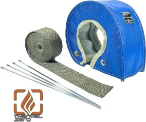 Blue T3 Turbo Blanket Heat Shield Insulation Kit - with Lava/Titanium High Temperature Exhaust Wrap & Stainless Steel Zip Ties - TZ32047-ULKIT