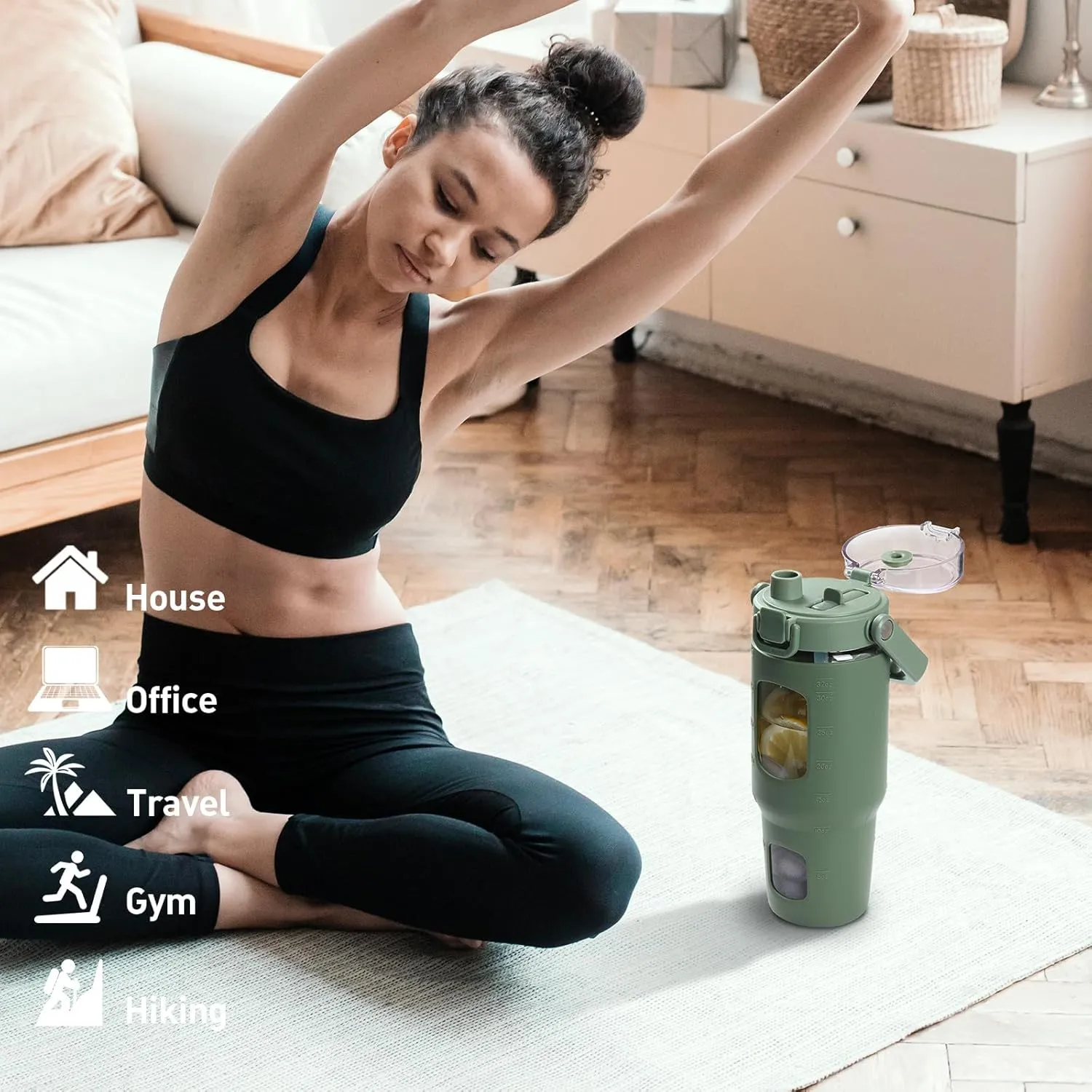 BLUEGO 32oz Glass Water Bottle with Handle and Straw|Leakproof Sports Glass Bottle with Time Marker and Silicone Sleeve|Glass Drinking Bottle for Travel, Gym, Workout, Olive