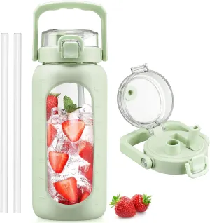 BLUEGO 64oz Glass Water Bottle with Handle and Straw, Motivational Sports Water Bottle with Time Marker and Silicone Sleeve Leakproof Drinking Bottle for Travel Gym Workout, Light Green