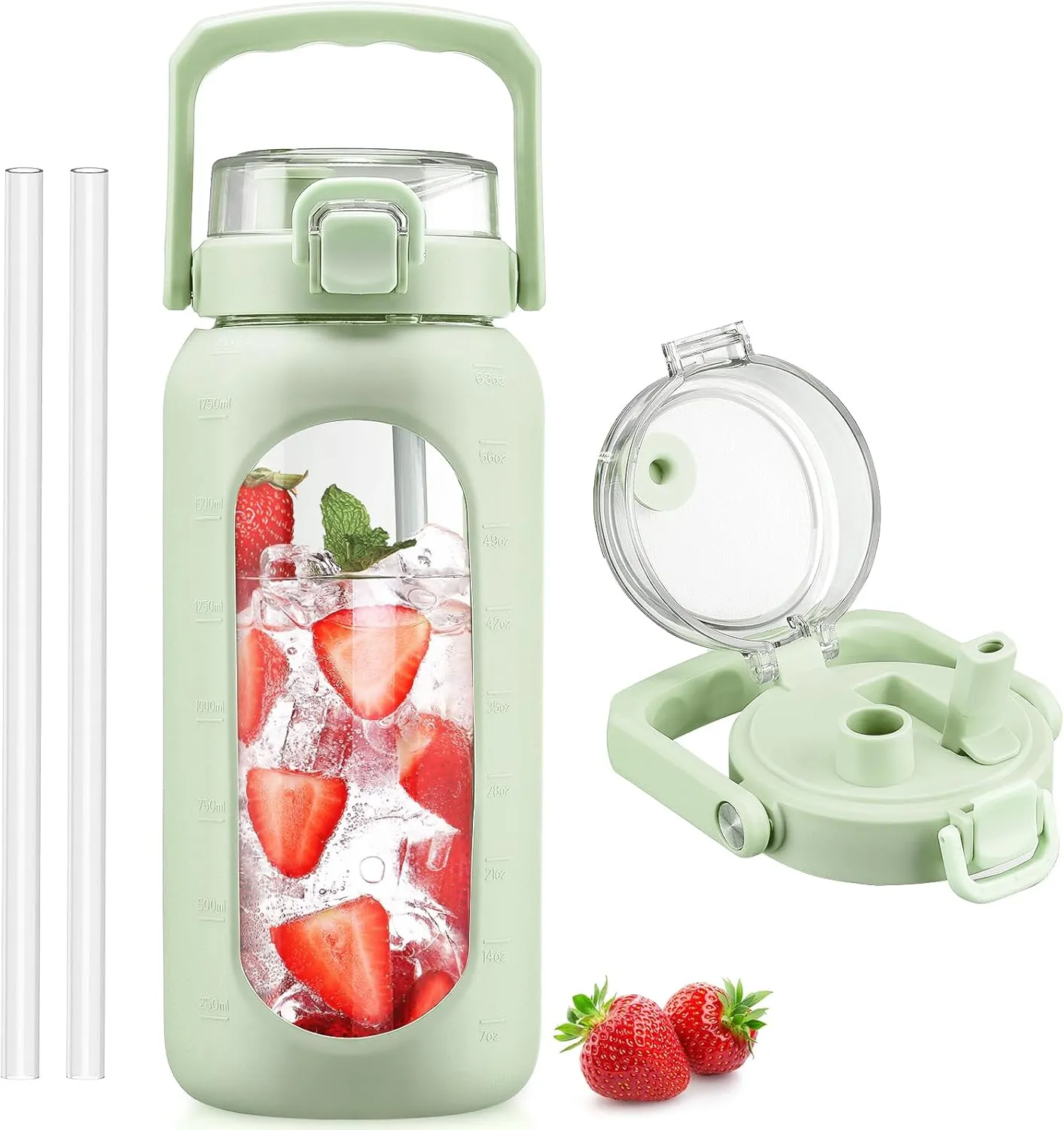 BLUEGO 64oz Glass Water Bottle with Handle and Straw, Motivational Sports Water Bottle with Time Marker and Silicone Sleeve Leakproof Drinking Bottle for Travel Gym Workout, Light Green