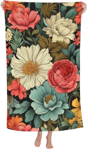 Boho Floral Beach Towel Microfiber Sand Free Vintage Flower Towels for Girls Women Quick Dry Ultra Absorbent Super Soft Pool Travel Swim Bath Shower Towel 52”x 32”