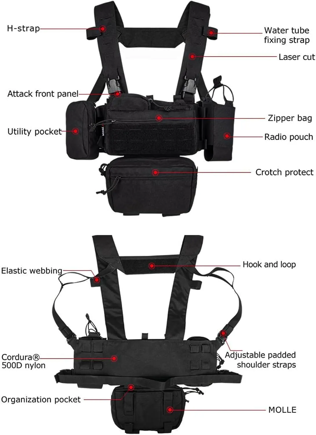 BOMTURN Chest Rig Tactical Chest Rig 1000D Molle Micro Chest Rigs Adjustable Detachable Modular Vest with Mag Pouch