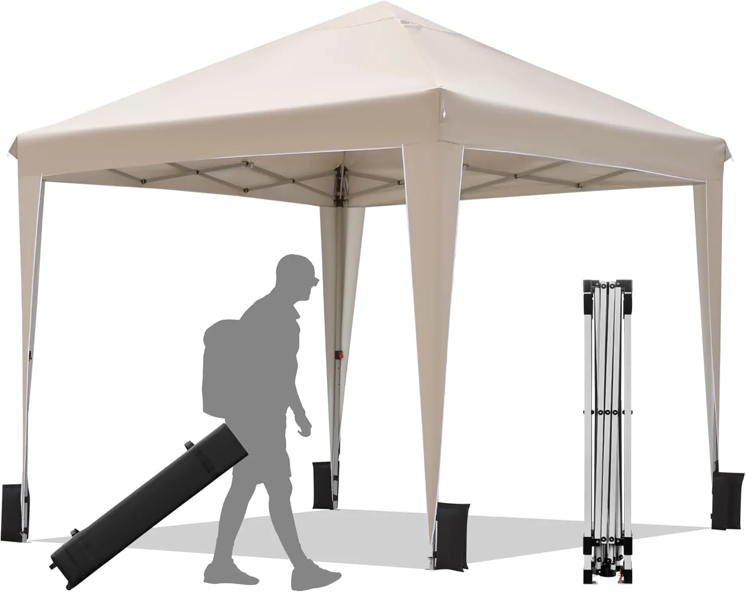 BONTEC 10x10 Pop-Up Canopy Tent, Portable Folding Outdoor Tent, UV 50  Protection, Waterproof, Adjustable Height, Metal Pavilion for Garden & Party, Includes Sandbags, Stakes & Storage Bag, Beige