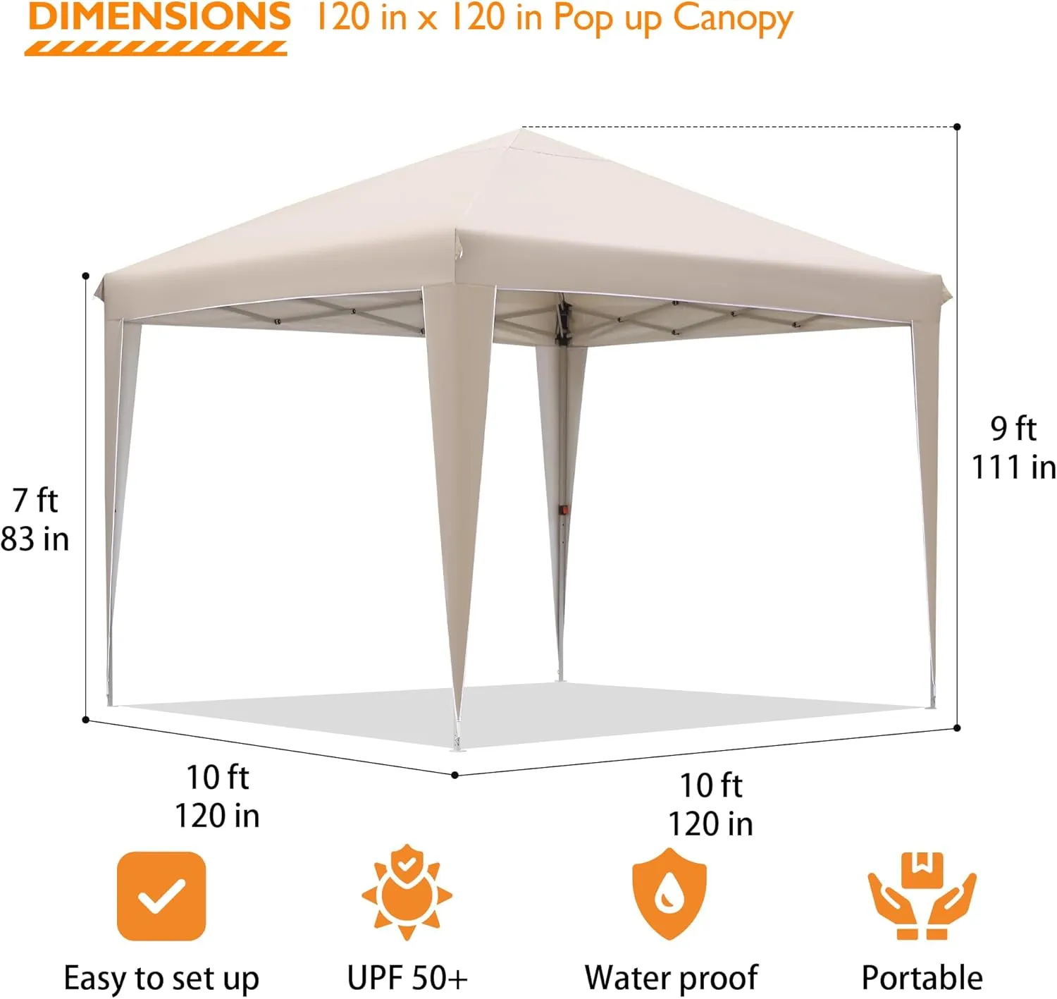 BONTEC 10x10 Pop-Up Canopy Tent, Portable Folding Outdoor Tent, UV 50  Protection, Waterproof, Adjustable Height, Metal Pavilion for Garden & Party, Includes Sandbags, Stakes & Storage Bag, Beige