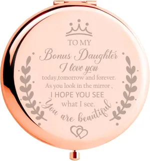 Bonus Daughter Gifts from Mom, Birthday Gifts for Bonus Daughter Adult, Gifts for Step Daughter Wedding Gift from Mom Bonus Daughter Makeup Compact Mirror for Christmas