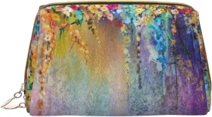 BREAUX Floral Shrubs Print Leather Portable Cosmetic Bag, Portable Cosmetic Clutch Bag, Leather Cosmetic Bag (Small)