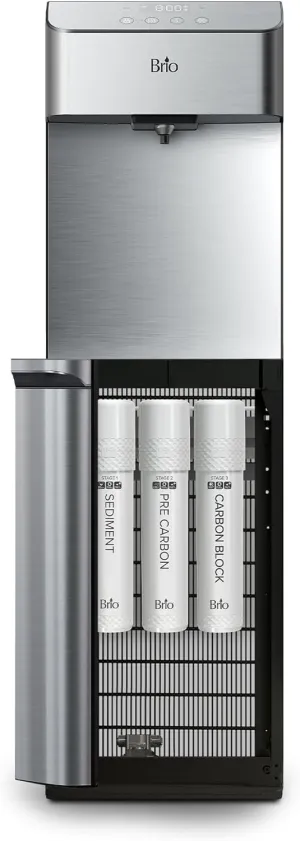 Brio Moderna Bottleless Water Cooler Dispenser with 3-Stage Filtration – Tri-Temp w/Fast Dispensing, 11.5” Dispense Height, Illuminated LED Display, Stainless Steel